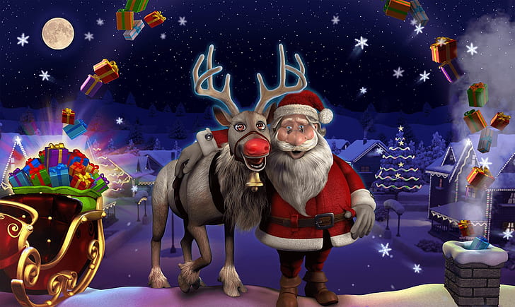 winter, lights, holiday, deer, art, New year, sleigh, Santa Claus, Merry Christmas, Ziv Tsadik, HD wallpaper