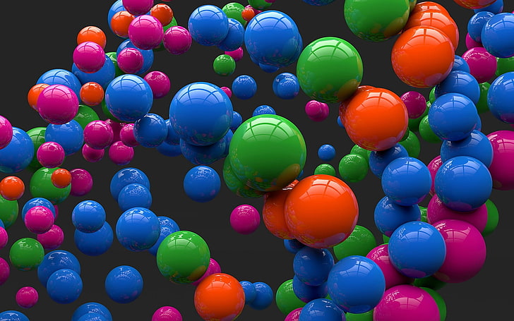 lot de balles orange, vert et bleu, coloré, ballons, vol, forme, Fond d'écran HD