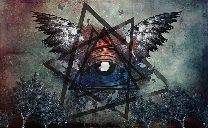 triângulo com ilustração de olhos e asas, Illuminati, HD papel de parede