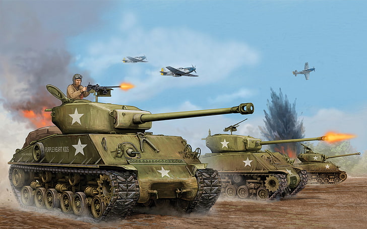 три зеленых боевых танка, иллюстрация, искусство, танк, США, игра, наступление, средний, Шерман, Flames of War, WW2., войска, 1944, воздух, Вторая мировая война, миниатюры, Союз, M4A3 E8, земля, восьмерка, Легко, HD обои