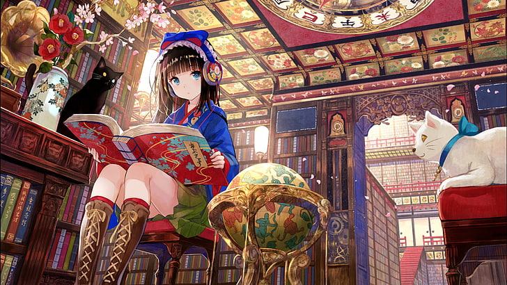 Anime, oryginał, książka, kot, dziewczyna, słuchawki, biblioteka, Tapety HD