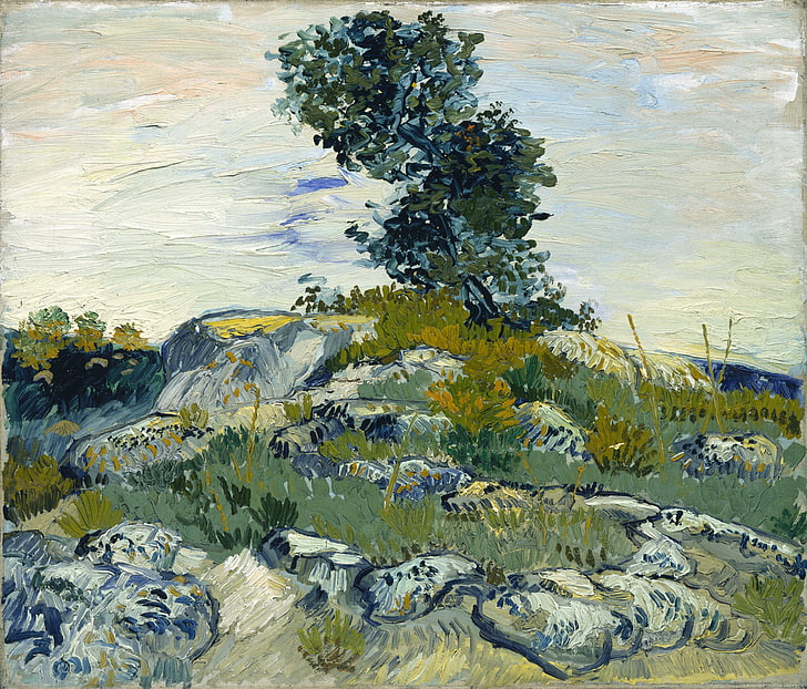 рисуване на дървета и треви, Винсент Ван Гог, скали с дъб, скалите, пейзаж, платно, масло, HD тапет