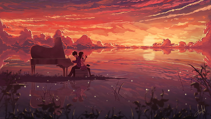 Your Lie in April wallpaper, anime, sunset, piano, clouds, anime boys, anime girls, skirt, thigh-highs, brunette, looking away, couple, love, artwork, sky, HD wallpaper