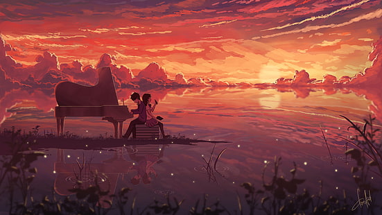 Your Lie in April wallpaper, anime, sunset, piano, clouds, anime boys, anime girls, skirt, thigh-highs, brunette, looking away, couple, love, artwork, sky, HD wallpaper HD wallpaper