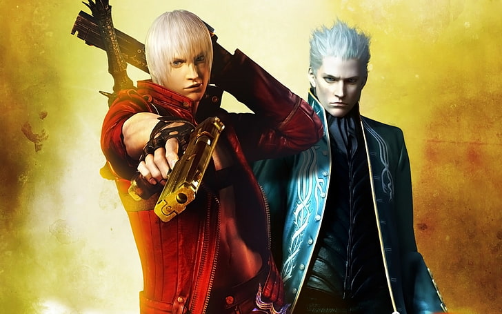 Dante and Vergil from Devil May Cry, guns, sword, brothers, demons, Dante, DMC, game wallpapers, Rebellion, Ebony & Ivory, Virgil, Devil may cry 3, special edition, Dante's awakening, HD wallpaper