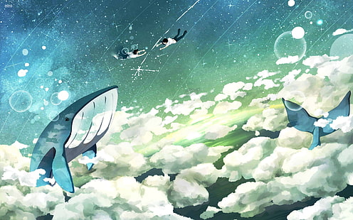 sztuka fantasy, latanie, niebo, wieloryb, Tapety HD HD wallpaper