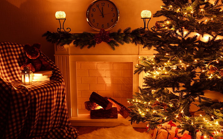 Рождество, Новый год, новогодняя елка, рождественские огни, украшения, HD обои