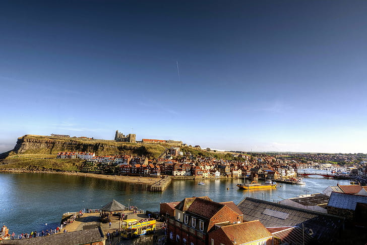cities, houses, kingdom, north, rivers, ships, sky, united, whitby, yorkshire, HD wallpaper