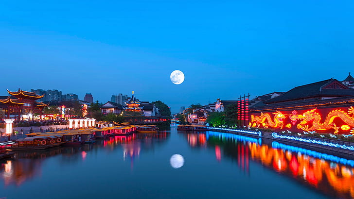 огни, Луна, Китай, Нанкин, река Циньхуай, праздник середины осени, HD обои