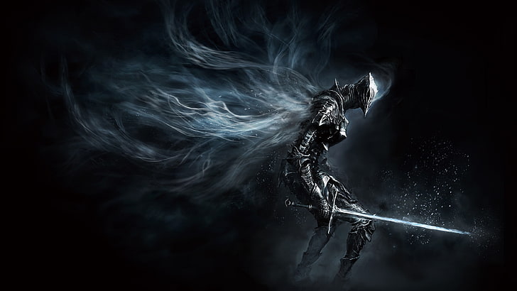 Illustrazione di gioco di Dark Souls, poster di spada con personaggio in mano, Dark Souls, Dark Souls III, videogiochi, opere d'arte, concept art, cavaliere, guerriero, armatura, spada, arma, buio, Sfondo HD