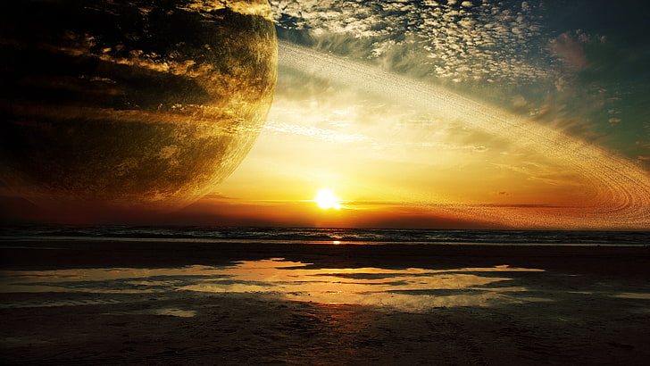 plan d'eau, coucher de soleil, mer, anneaux, planète, Fond d'écran HD