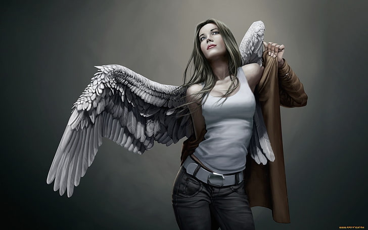 woman with wings illustration, angel wearing brown leather jacket looking up high, angel, women, drawing, blonde, Max, Maximum Ride, tank top, fantasy art, artwork, HD wallpaper