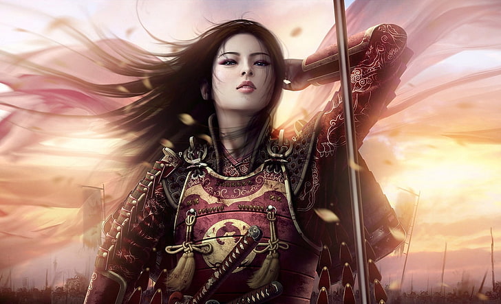 Orientalischer Krieger, Frau, die digitale Tapete der roten Samurairüstung trägt, künstlerisch, Fantasie, Mädchen, Frau, Grafik, orientalisch, Krieger, HD-Hintergrundbild
