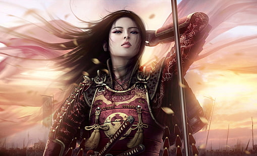 Oriental Warrior, kvinna som bär röd samurai rustning digital tapet, konstnärlig, fantasi, flicka, kvinna, konstverk, orientalisk, krigare, HD tapet HD wallpaper