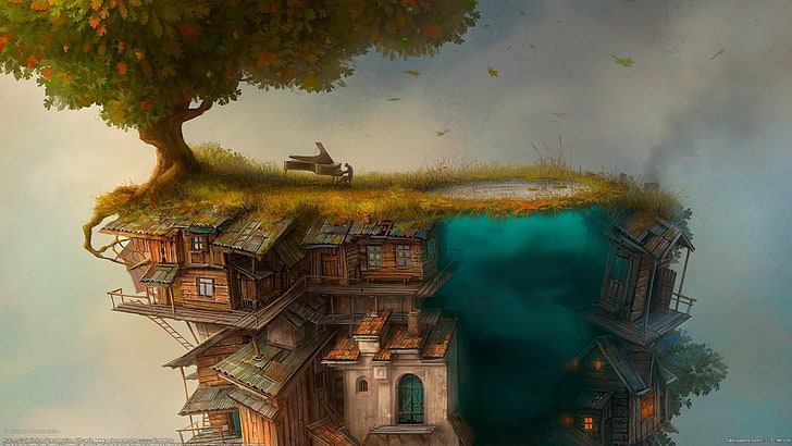 brown wooden house and green tree illustration, tree, home, piano, Gediminas Pranckevicius, HD wallpaper