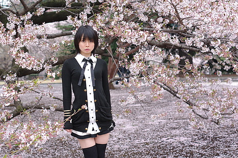 Ushijima Iiniku, Asian, women, model, school uniform, spring, thigh-highs, HD wallpaper HD wallpaper