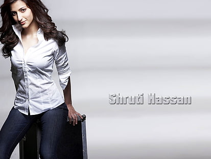 Shruti Hassan na camisa branca, blusa de mangas compridas com botão branco feminino, celebridades femininas, Shruti Haasan, vestido branco, branco, celebridades de bollywood, shruti hassan, HD papel de parede HD wallpaper