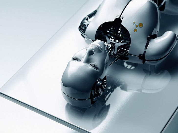 robô de prata, robô, tecnologia, inteligência artificial, engrenagens, reflexão, arte digital, HD papel de parede