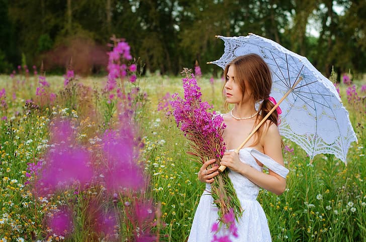 campo, verão, grama, menina, flores, natureza, Guarda-chuva, cabelo castanho, ombro, vestido de verão, chá Ivan, erva, Vladislav Opletaev, HD papel de parede