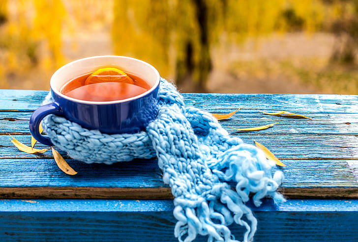 Cup tea scarf, orange liquid filled blue ceramic mug; blue knit scarf, leaves, fall, cup, maple, tea, scarf, autumn, HD wallpaper