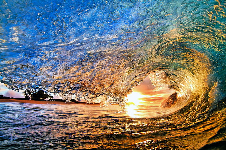 Sea, Ocean, 4k, sunrise, wave, sunset, Water, sun, HD wallpaper