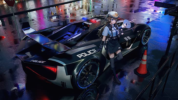 anime girls, police women, vehicle, police cars, police costume, wet street, HD wallpaper