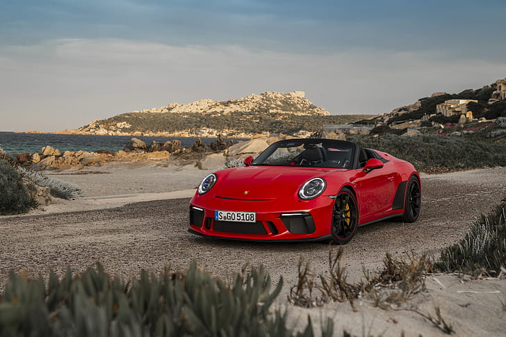 Porsche 911 Carrera, red, beach, Convertible, car, numbers, vehicle, red cars, Porsche, HD wallpaper