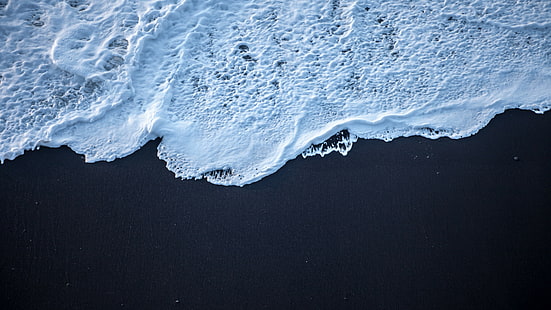 nature, water, sea foam, white, sand, black sand, HD wallpaper HD wallpaper