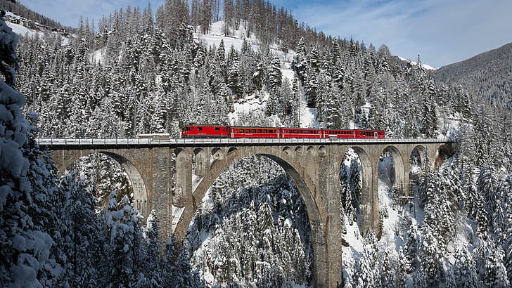 montañas, nieve, tren, rojo, Suiza, viaducto de Wiesen, invierno, naturaleza, Fondo de pantalla HD