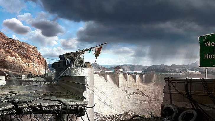 artillery o tower near concrete walls, Fallout: New Vegas, video games, artwork, HD wallpaper