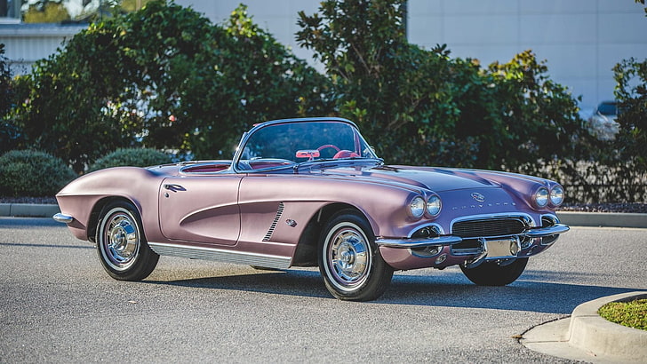 (c1), 1962, voitures, chevrolet, classique, cabriolet, corvette, violet, Fond d'écran HD