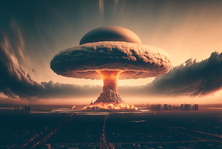 Seni AI, awan jamur, bom atom, kota, Wallpaper HD