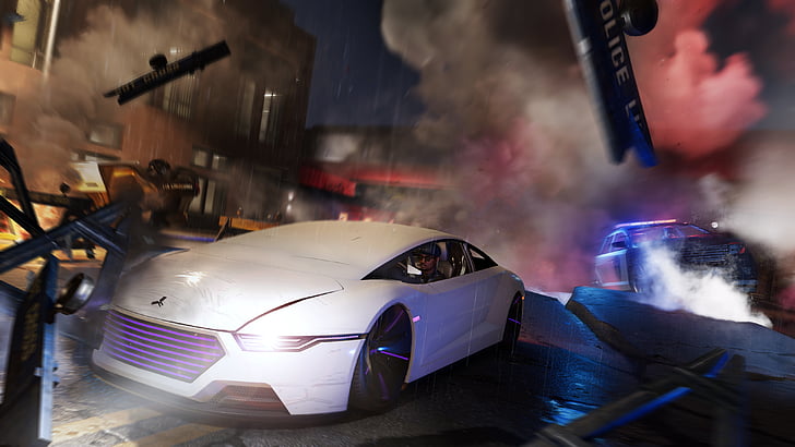 белый концепт-кар Mitsubishi, полицейская погоня, Human Rights, Watch Dogs 2, DLC, 2017, 4K, HD обои