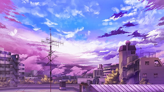 anime, niebo, pejzaż miejski, chmury, Tapety HD HD wallpaper