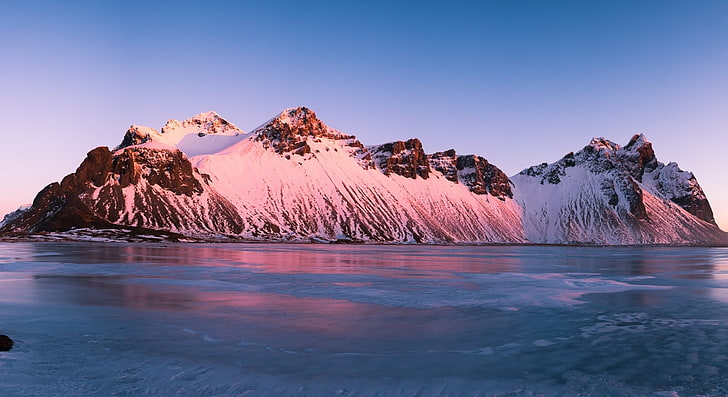 Pink Sunrise, Vestrahorn Mountains, Iceland, Europe, Iceland, Sunrise, Travel, Nature, Landscape, Winter, Pink, Mountains, Photography, Snow, Outdoor, panorama, Vacation, geotagged, visit, tourism, touristdestinations, vesturhorn, HD wallpaper