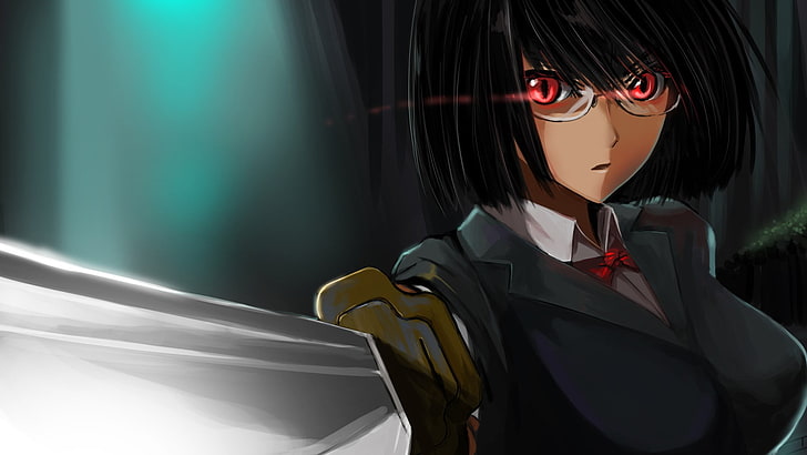 personnage d'anime féminin aux cheveux noirs, anime, Durarara !!, Sonohara Anri, lunettes, meganekko, yeux rouges, cheveux noirs, uniforme scolaire, épée, Fond d'écran HD