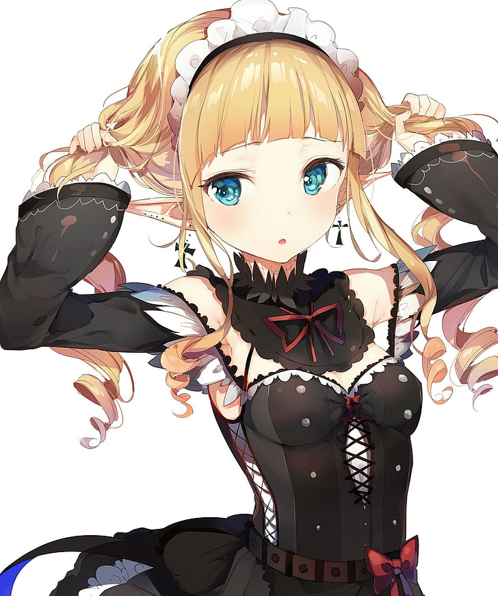 cleavage, corset, maid, pointed ears, white  background, blonde, aqua eyes, maid outfit, HD wallpaper