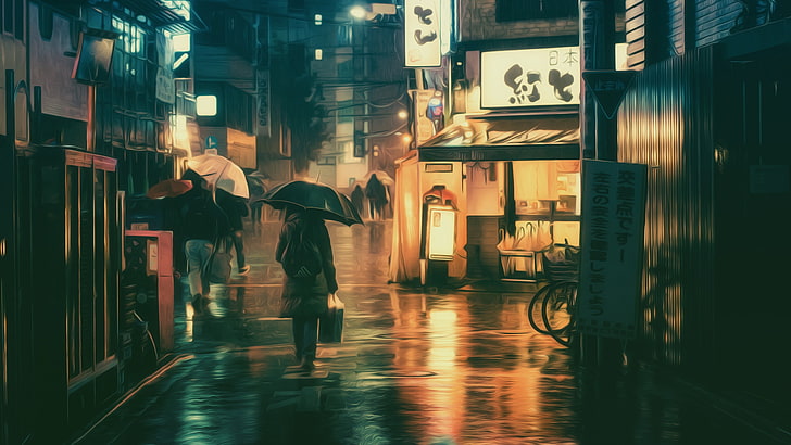 два человека держат зонтик во время прогулки по уличной живописи, Масаси Вакуи, фотография, фото манипуляции, зонт, неоновые огни, HD обои