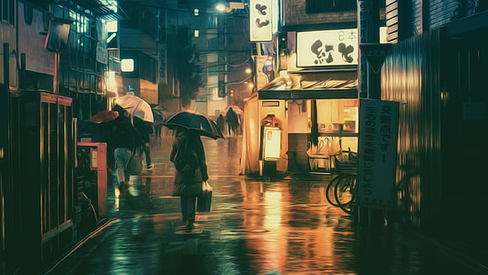 شخصان يحملان مظلة أثناء المشي على لوحة الشارع ، Masashi Wakui ، التصوير الفوتوغرافي ، التلاعب بالصور ، المظلة ، أضواء النيون، خلفية HD HD wallpaper