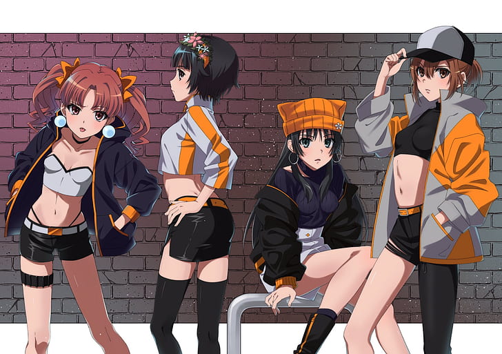 anime, anime girls, To Aru Kagaku no Railgun, Streetwear, Misaka Mikoto, Shirai Kuroko, Saten Ruiko, Uiharu Kazari, zettai ryouiki, HD wallpaper