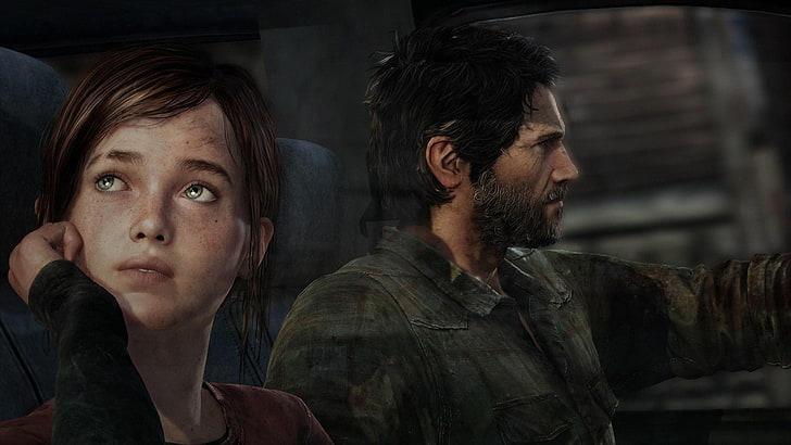 man som kör bredvid vänd mot palmflickaillustration, The Last of Us, apokalyptisk, Ellie, videospel, HD tapet