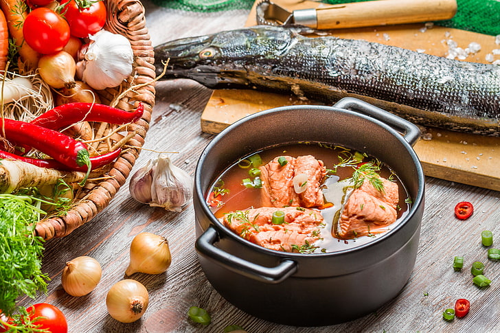 meat soup, fish, vegetables, ear, pike, the first dish, fish soup, HD wallpaper