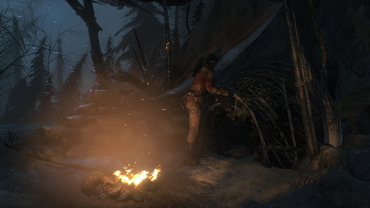 shelter, winter, Lara Croft, Rise of the Tomb Raider, campfire, red coat, night, trees, HD wallpaper