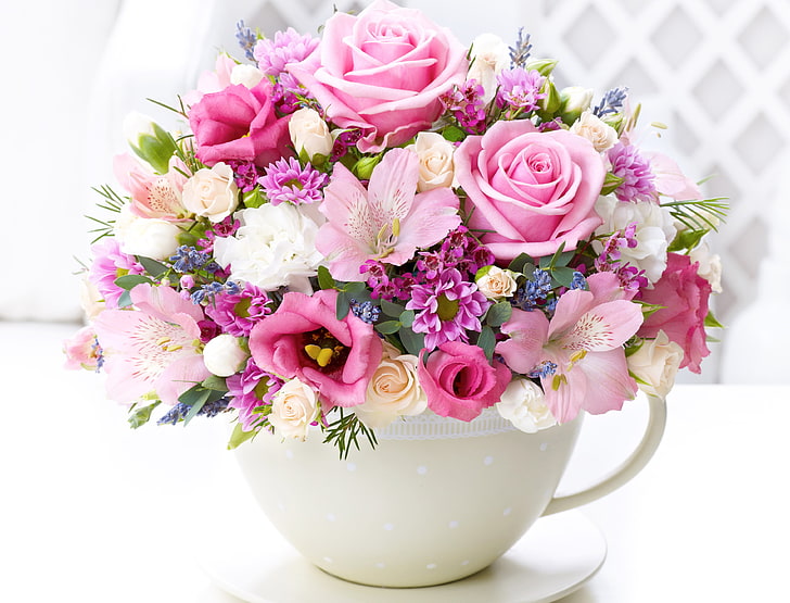 การจัดดอกไม้สีขาวและสีชมพู, ช่อดอกไม้, กุหลาบ, ดอกเบญจมาศ, eustoma, alstremeria, วอลล์เปเปอร์ HD
