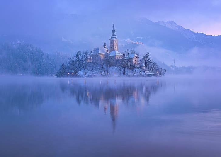 mountains, fog, the evening, morning, lake bled, HD wallpaper