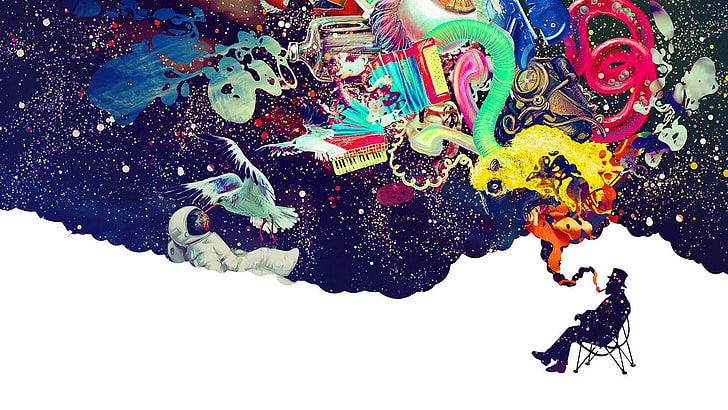 człowiek palący i pokazujący różne rzeczy Tapeta HD, kolorowy, psychodeliczny, palący, sztuka cyfrowa, surrealistyczne, grafika, ptaki, astronauta, Tapety HD
