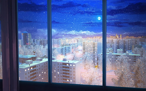 ガラス窓、ビジュアルノベル、永遠の夏、夜、 HDデスクトップの壁紙 HD wallpaper