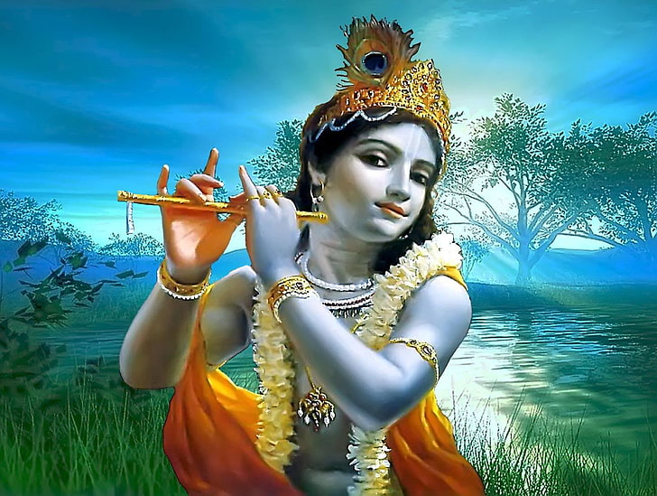 Hare Krishna, Krishna illustration, Dieu, Seigneur Krishna, flûte, belle, Fond d'écran HD