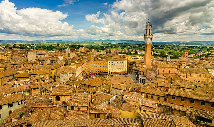 Сиена, Тоскана, кафява кула, Сиена, Тоскана, Италия, Сгради, покриви, панорама, HD тапет
