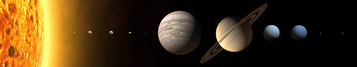 planeta, espacio, triple pantalla, anillos planetarios, Sistema Solar, arte espacial, arte digital, Fondo de pantalla HD